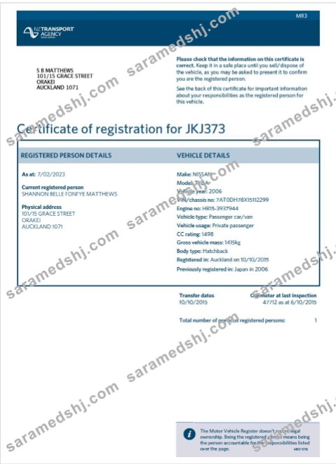 New Zealand vehicle registration certificate